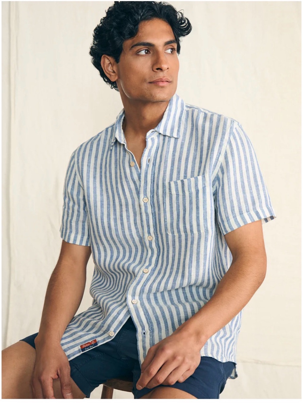 Faherty Button Front Short Sleeve Palma Linen Shirt Horizon Ivory Stripe Mens
